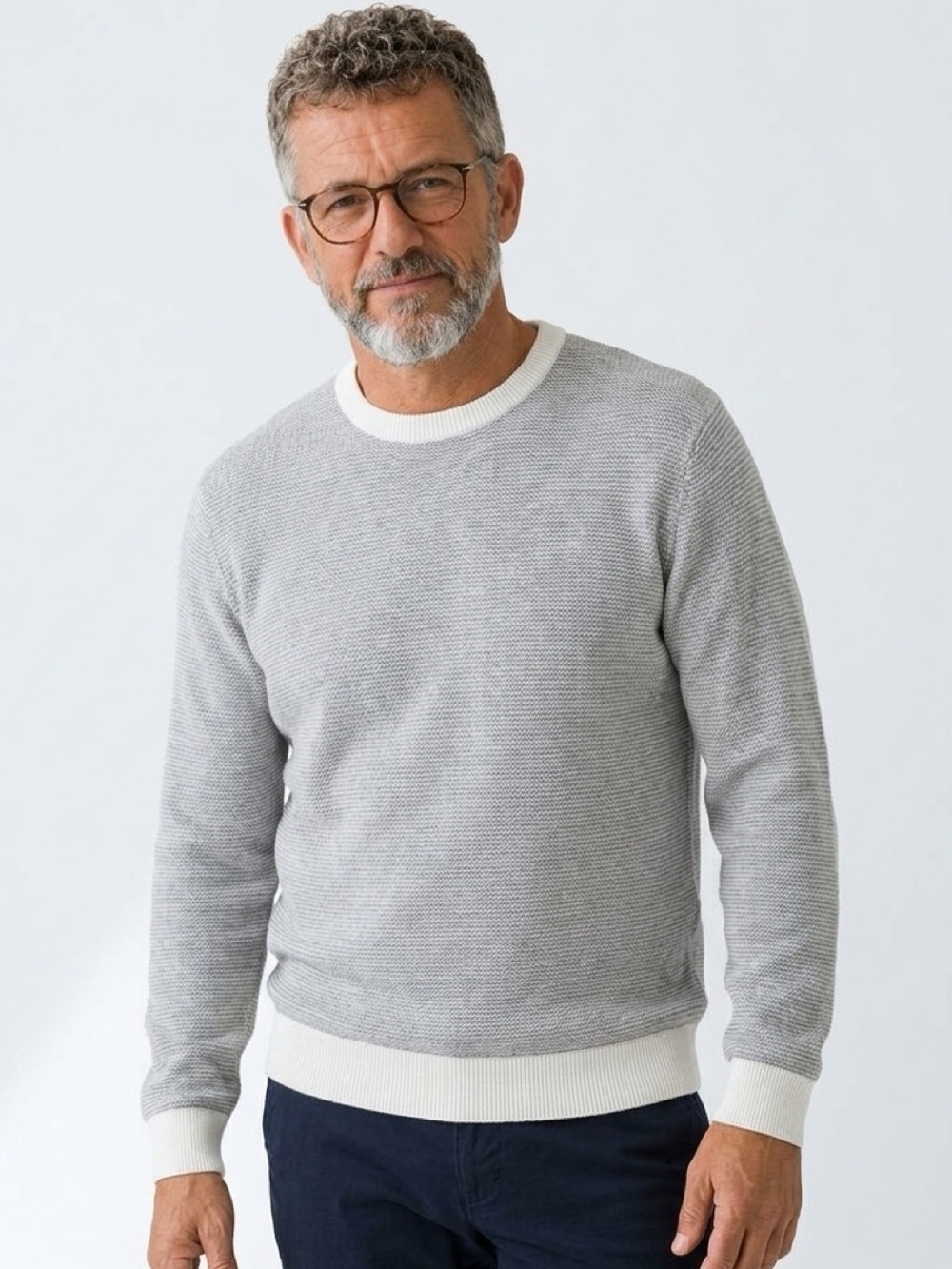 CHAPS Sweater Crewneck Long Sleeve Gray Creamy White Knit Mens L